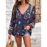 Women's Chic Bohemian Floral Print Blouse - Elegant V-Neck Drawstring Tassel Tie, Long Lantern Sleeves, Loose Comfortable Ethnic Shirts for Summer Beach Vacation Style