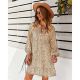 Women's Soft Lightweight Feminine Elastic Bohemian Leopard Speckled Print Long Lantern Sleeve V-Neck Tiered Ruffle Mini Dress - Comfortable Fit, Hip-Loose Flowy Tunic, Casual Wear for Day, Vacation