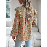 Women's Gorgeous Ditsy Floral Print Polyester Blouse - Smocked Mock Neck, Ruffle Balloon Long Sleeves, Everyday Bohemian Casual Shirt