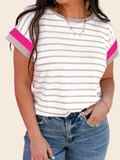 Khaki Stripe Color Block Trim Round Neck Short Sleeve Top