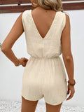 Women's Sleeveless Fitted Crinkle Breathable Romper - Adjustable Elastic Waist, Knot Spaghetti Straps, V-Neck, Drawstring, Button, Pockets, Beach Summer Casual Outdoor Shorts Jumpsuit