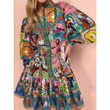 Ladies' Matching Piece Rainbow Psychedelic Print Wrap Dress - Long Puff Sleeves, Stand Collar, Tiered Mini, Comfortable Bohemian Art Graphic Belted Fabric Statement Dress with Accessories