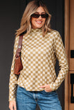 Khaki Check Pattern Turtleneck Ribbed Slim Long Sleeve Tee