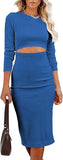 Women Long Sleeve Bodycon Dress Casual Fashion Crewneck Cut Out Knit Ribbed Slim Midi Pencil Dress