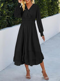 Women's Casual Wrap V Neck Long Sleeve Smocked High Waist A Line Flowy Midi Dress