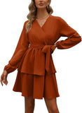 Womens Long Sleeve V Neck Dress Double Layer Ruffle Hem Puff Sleeves Waist Tie Fall Dress