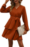 Womens Long Sleeve V Neck Dress Double Layer Ruffle Hem Puff Sleeves Waist Tie Fall Dress