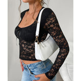 Women's Sheer Floral Lace Cropped Blouse - Light Fabric, Deep V-Neck, Front Tie, Long Sleeve, Slim Fitted, Y2K Sexy Lady Going Out Top, Styling-Compatible with Cargo Pants