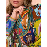 Ladies' Matching Piece Rainbow Psychedelic Print Wrap Dress - Long Puff Sleeves, Stand Collar, Tiered Mini, Comfortable Bohemian Art Graphic Belted Fabric Statement Dress with Accessories