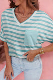 Sky Blue Stripe V Neck Patched Pocket Casual T Shirt