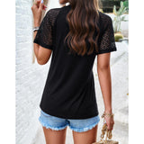 Women Hollow Out Lace Raglan Short Sleeve Top, Crew Neck Pleated Front Soft Casual Summer Tee, Loose Fit Boho Blouse for Daily Outings
