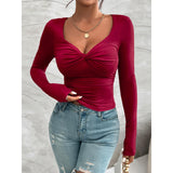 Twist Front V Neck Long Sleeve Top for Women, Slim Fit Thumb Hole Solid Crop Tee, Stretchy Basic Going Out Shirt