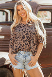 Brown Leopard Print V Neck Half Sleeve Oversized Tee
