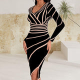 Women's Soft V-Neck Long-Sleeve Geometric Striped Knit Bodycon Slim Midi Dress - Evening Black Dress with Premium Fabric, Statement Formal Party & Office Wear