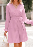 Women's 2023 Fall Long Sleeve Wrap V Neck Pleated Mini Cocktail Dress Casual A Line Flowy Wedding Guest Dresses