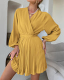 Women Casual Summer Fall Dresses 2023 Boho Wrap V Neck Puff Long Sleeve Cocktail Flowy Pleated A-Line Mini Dress