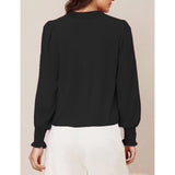 Women's V-Neck Ruffle Collar Long Sleeve Blouse, Smocked Cuff Button Down Puff Sleeve Elegant Work Chiffon Top