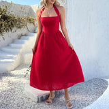 Women's Gorgeous Lightweight Halter Sundress - Square Neck, Strappy Backless, Fitted Flowy A-Line, Basic Casual Beach Summer Vacation Dress