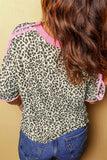 White Contrast V Neck Varsity Short Sleeve Leopard Top