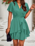 Women's Breathable Soft Chiffon Wrap V-Neck Mini Dress - Short Flutter Sleeves, Tiered Ruffles, Belted, 1-Piece Casual Evening Cocktail Formal Dress with Zipper