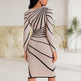 Women's Soft V-Neck Long-Sleeve Geometric Striped Knit Bodycon Slim Midi Dress - Evening Black Dress with Premium Fabric, Statement Formal Party & Office Wear