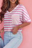 Pink Stripe V Neck Patched Pocket Casual T Shirt