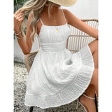 Women Square Neck Spaghetti Strap Mini Dress, Smocked Waist Textured Ruffle Hem A-line Summer Sundress for Beach Vacation