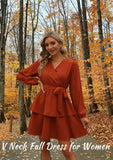 Womens Long Sleeve V Neck Dress Double Layer Ruffle Hem Puff Sleeves Waist Tie Fall Dress