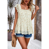 Women Ditsy Floral Square Neck Blouse Ruffle Cap Sleeve Tiered Flowy Babydoll Top Casual Summer Vacation Chiffon Shirt