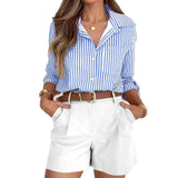 Women's All-Season Lightweight Striped Cuffed Button-Up Long Sleeve Blouse - Lapel, Chest Pocket, Loose-Fit Style Piece, Everyday Casual Office Work Basic Tops for Women