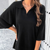 Women's Minimalist Fashion Polo Collar Knit Top - 3/4 Sleeve, V-Notch, Side Split, Lightweight Loose Basic Fabric Casual Blouse for Daily Wear