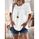 Women Swiss Dot Lace Tunic Top, Round Neck Puff Short Sleeve Loose Flowy Boho Blouse Casual Summer Shirt