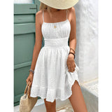 Women Square Neck Spaghetti Strap Mini Dress, Smocked Waist Textured Ruffle Hem A-line Summer Sundress for Beach Vacation