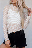 Khaki Checkered Pattern Mesh Mock Neck Long Sleeve Top