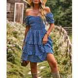 Women’s Comfortable Elegant Off-The-Shoulder Scoop Neck A-Line Mini Dress - Short Puff Sleeves, Ruffle Details, Ditsy Floral Print, Bohemian Pull-On Style for Vacations, Beach