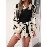 Lady's Ribbed Basic Chic Fabric Fake 2-Piece Peplum Blouse - Collared Puff Long Sleeve Print Patchwork Tunic Top, Elegant Casual Fall Womenswear