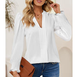 Women's V Neck Chiffon Blouse, Long Sleeve Smocked Cuff Flowy Casual Work Top, Loose Fit Dressy Shirts for Women