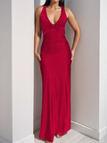 Sexy V-neck Pleated Slim-fit Dress Long Dress