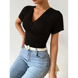 Women Surplice Wrap V Neck Short Sleeve Top, Ruched Waist Slim Fit Casual Solid Color Tee, Summer Elegant T Shirt Blouse for Daily Outing