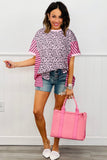 Pink Leopard Striped Patchwork Side Slit Loose Short Sleeve Top