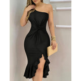Women's Chic 1-Shoulder Asymmetric Knot-Front Comfortable Midi Bodycon Dress - Ruffled Hem, Split Design, for Evening Cocktail & Party Occasions, Flattering Fits