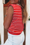 Red Stripe Ribbed Round Neck Trim Loose Tank Top
