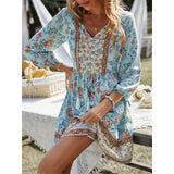 Women's Retro Bohemian Beach Casual Mini Dress - V-Neck, 3/4 Puff Sleeves, Lightweight Soft Elastic Ruffle Tiered Flowy Floral Print, Button Tassel Tie Breathable Summer Dress