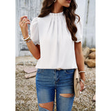 Women's Mock Neck Puff Short Sleeve Blouse, Elegant Lace Trim Pleated Front Loose Fit Summer Chiffon Tunic Top for Office Casual