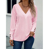 Women's V Neck Long Sleeve Eyelet Hollow Out Top, Decorative Button Cuff Loose Casual Solid Color Blouse