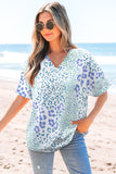 Sky Blue Mixed Leopard Print V Neck Short Sleeve Blouse