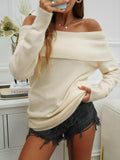 Women's Fashion Casual Plush Ribbed Off-Shoulder Knit Pullover Sweater - Foldover Boat Neck, Long Sleeve, Loose Fit, Solid Color, Breathable Tops for Women, Fall Winter Daily & Party Wear Knitwear