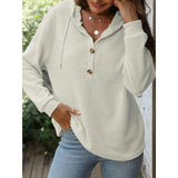 Women's Waffle Knit Henley Hoodie Long Sleeve Drawstring Button V Neck Casual Loose Fit Basic Tops