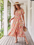 Women's Dresses Casual Summer Wrap V Neck Short Sleeve Belted Ruffle Hem A-Line Bohemian Maxi Dress