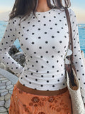 Womens Vintage Polka Dot Crew Neck Slim Fit Top
